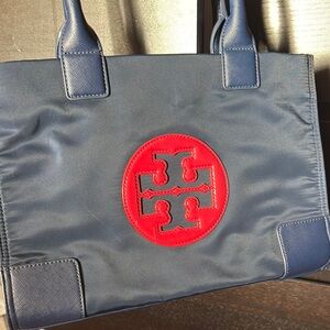 Tory Burch Navy Blue Tote Bag with Red Logo